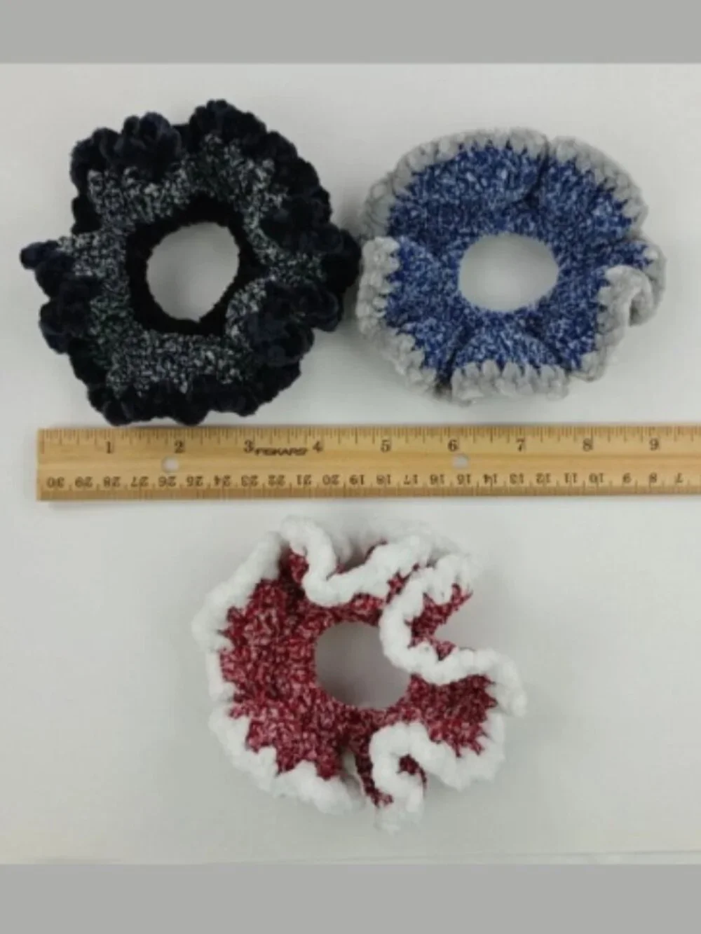 Lot of 3 Handmade Ruffle Chenille Hair Scrunchies Pony Tail Set of 3
